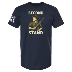 Navy t-shirt featuring a colonial militiaman holding a musket and the text “Second Stand” in distressed typeface