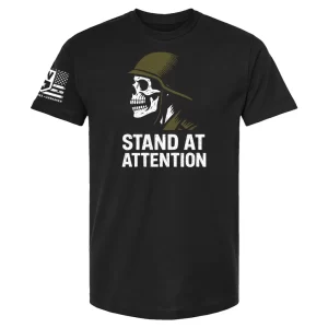 Black t-shirt featuring a skull wearing a drill instructor helmet in profile and the text “Stand at Attention” underneath