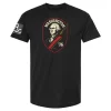 Black unisex t-shirt with shield emblem of George Washington holding a rifle and “’76” text