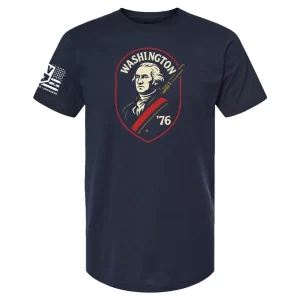 Navy unisex t-shirt with shield emblem of George Washington holding a rifle and “’76” text