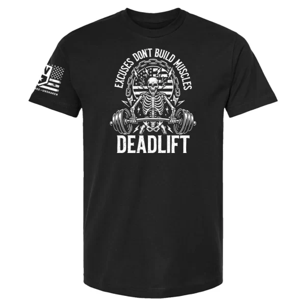 Black Excuses Don’t Build Muscles Deadlift t-shirt with skeleton deadlift graphic and distressed American flag