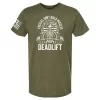 Military green Excuses Don’t Build Muscles Deadlift t-shirt with skeleton deadlift graphic and distressed American flag