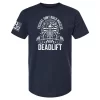 Navy Excuses Don’t Build Muscles Deadlift t-shirt with skeleton deadlift graphic and distressed American flag