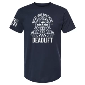 Navy Excuses Don’t Build Muscles Deadlift t-shirt with skeleton deadlift graphic and distressed American flag