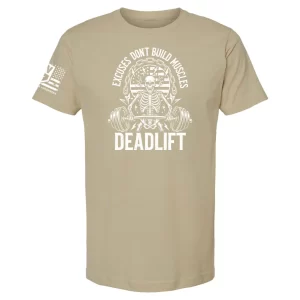 Sand Excuses Don’t Build Muscles Deadlift t-shirt with skeleton deadlift graphic and distressed American flag