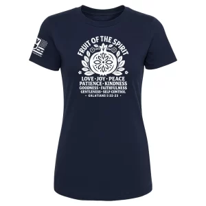 Navy t-shirt with Fruit of the Spirit design showing the nine virtues from Galatians 5:22-23 in a bold emblem
