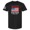 Black t-shirt with distressed red, white & blue American flag graphic and text “Heroes Never Die”