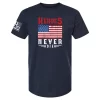 Navy t-shirt with vintage-style American flag print and “Heroes Never Die” tribute text