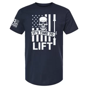 Navy “It’s Time to Lift” t-shirt with skull flag and barbell graphic