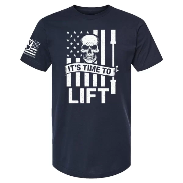 Navy “It’s Time to Lift” t-shirt with skull flag and barbell graphic