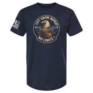 Navy Lift Grow Repeat No Limits t-shirt with eagle lifting barbell graphic and stars