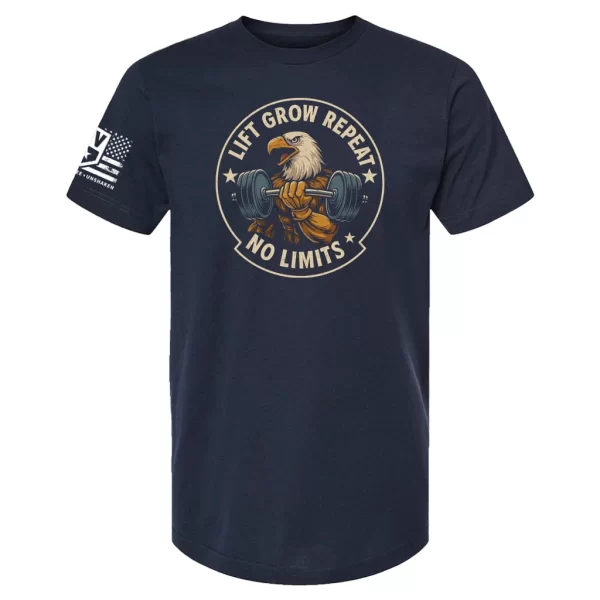 Navy Lift Grow Repeat No Limits t-shirt with eagle lifting barbell graphic and stars
