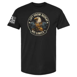 Black Lift Grow Repeat No Limits t-shirt with eagle lifting barbell graphic and stars