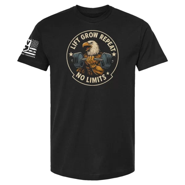 Black Lift Grow Repeat No Limits t-shirt with eagle lifting barbell graphic and stars