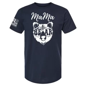 Navy blue Mama Bear patriotic t-shirt featuring white bear face design