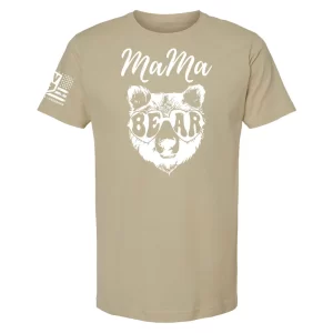 Sand color Mama Bear tee with bold white bear illustration and sleeve flag