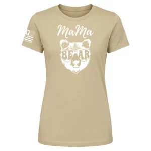 Sand color Mama Bear tee with bold white bear illustration and sleeve flag