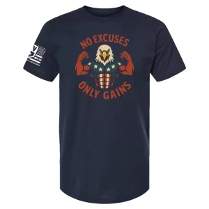 Men's navy "No Excuses, Only Gains" fitness t-shirt with American flag eagle design, perfect for weightlifting and motivation