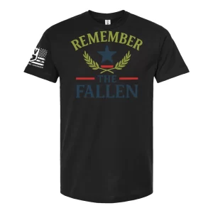 Black memorial t-shirt with Remember the Fallen design and patriotic laurel graphic