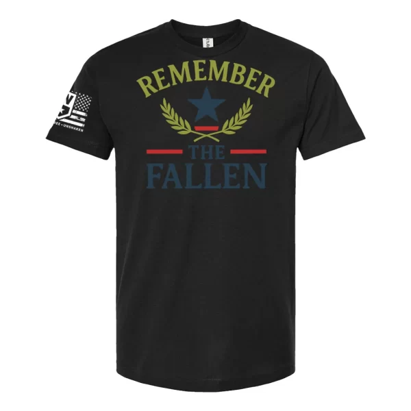 Black memorial t-shirt with Remember the Fallen design and patriotic laurel graphic