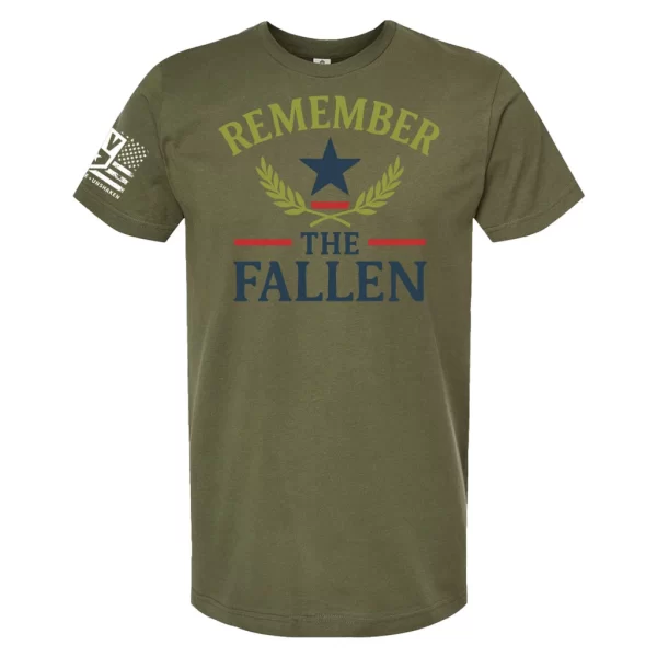 Military green Remember the Fallen tee with laurel and star graphic