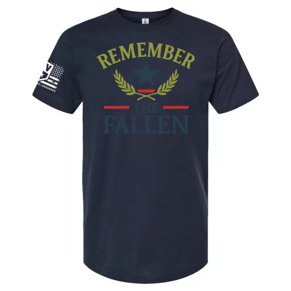 Navy blue patriotic t-shirt with Remember the Fallen and gold star tribute