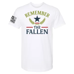 White memorial shirt with gold and navy Remember the Fallen artwork