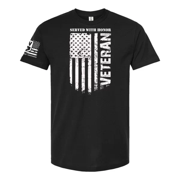 Black veteran t-shirt with white distressed American flag and Served With Honor design