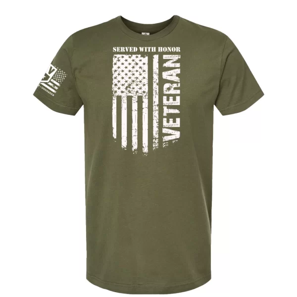 Military green veteran t-shirt with distressed American flag and bold Veteran lettering