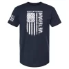 Navy blue veteran t-shirt with distressed white American flag and vertical Veteran print
