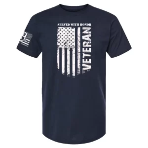 Navy blue veteran t-shirt with distressed white American flag and vertical Veteran print