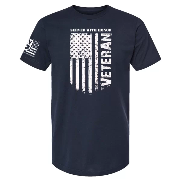 Navy blue veteran t-shirt with distressed white American flag and vertical Veteran print