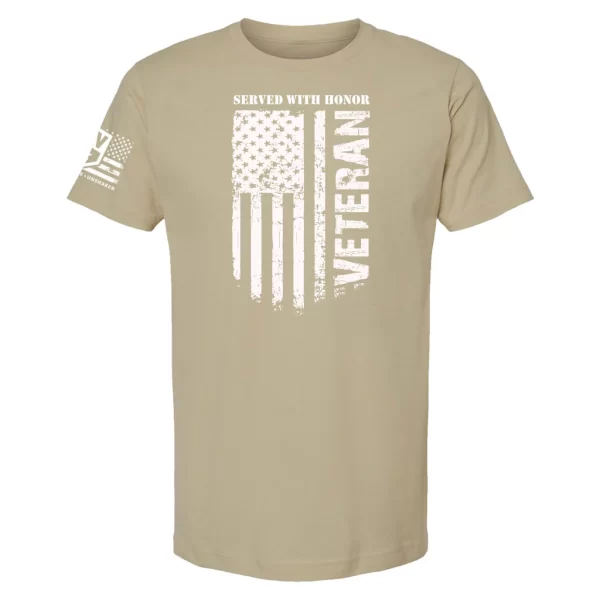 Tan veteran t-shirt with white flag print and Served With Honor graphic