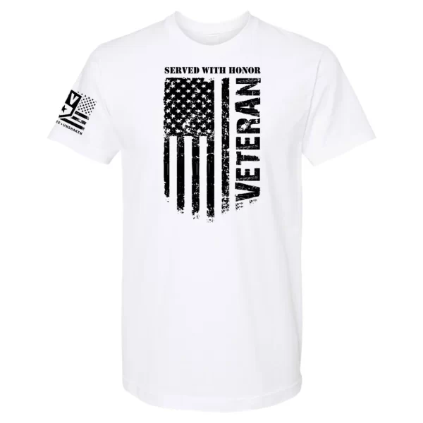 White patriotic veteran t-shirt with black American flag and Served With Honor text