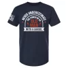 Navy “Never Underestimate the Power of an Old Man” t-shirt with vintage barbell graphic