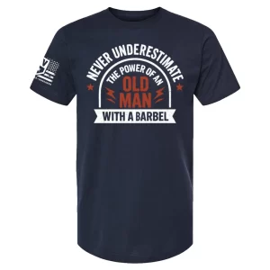 Navy “Never Underestimate the Power of an Old Man” t-shirt with vintage barbell graphic