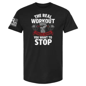 Real Workout Starts t-shirt with hand gripping dumbbell graphic and motivational quote Black