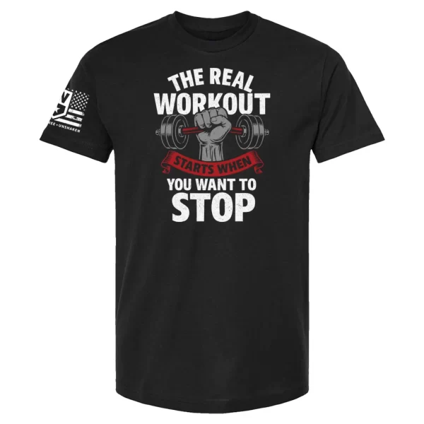 Real Workout Starts t-shirt with hand gripping dumbbell graphic and motivational quote Black
