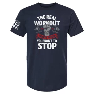 Real Workout Starts t-shirt with hand gripping dumbbell graphic and motivational quote Navy
