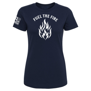 Navy blue Fuel the Fire tee with bold white flame graphic and “Fuel the Fire” text