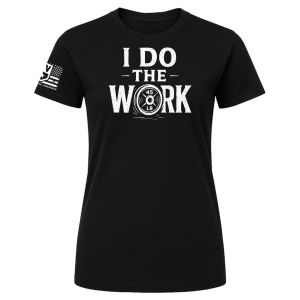 Black I Do the Work unisex tee with white “I Do the Work” text and 45 LB weight-plate graphic