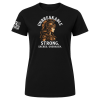 Black unisex t-shirt with a warrior-profile graphic, “Unbreakable” above and “Strong. Sacred. Unshaken.” beneath.