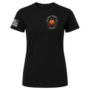 One Tough Peach women’s t-shirt in black with empowering peach-themed chest print and Genuine Valor sleeve logo