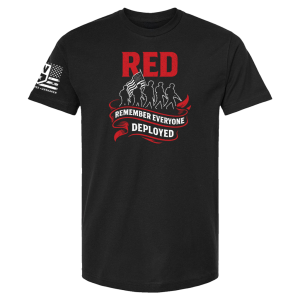 RED – Remember Everyone Deployed t-shirt in black with patriotic silhouette and banner design by Genuine Valor, honoring deployed service members