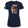 Unisex navy nurse t-shirt featuring strong female nurse artwork and empowering quote.