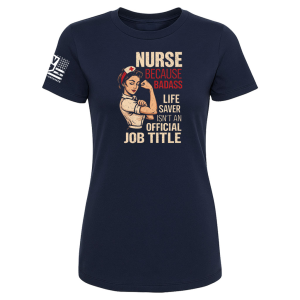 Unisex navy nurse t-shirt featuring strong female nurse artwork and empowering quote.