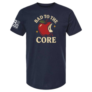 Navy t-shirt featuring a red apple graphic with bite mark and cream-colored “Bad to the Core” text