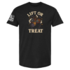 Black t-shirt with bubbling cauldron holding barbells, bats flying overhead, text “Lift or Treat”