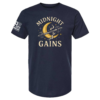 Navy t-shirt featuring moon and barbell graphic with cream-colored “Midnight Gains” text