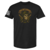Black t-shirt with skull in helmet, crossed rifles, flames, and banner “This We’ll Defend”